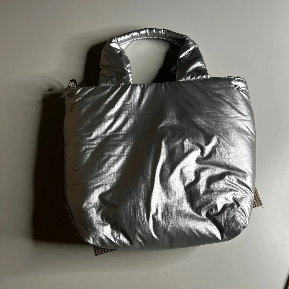 Caraa Metallic Silver Puffer Tote Bag‎ Nylon Feather Handcrafted Padded Handbag